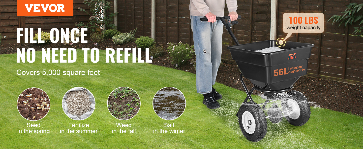 VEVOR broadcast spreader with 56l hopper capacity, covers 5,000 sq ft, 100 lbs weight capacity.