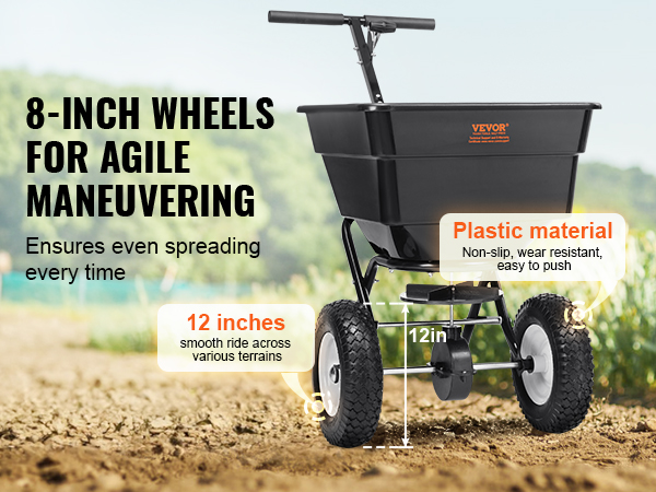 VEVOR broadcast spreader with 12-inch wheels for agile maneuvering on various terrains.