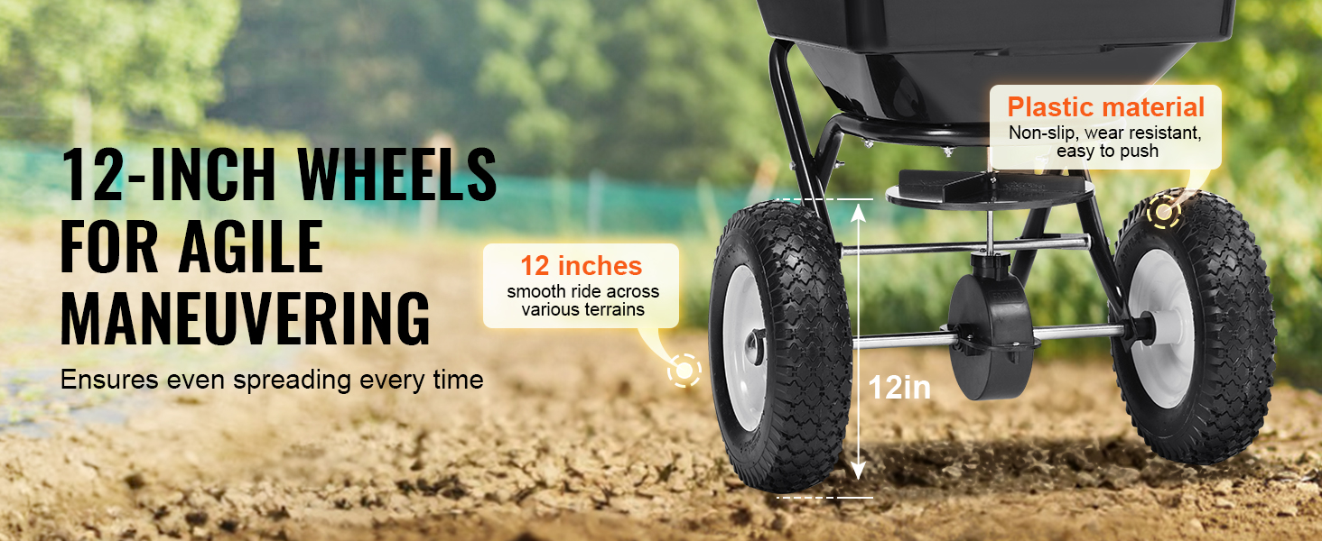 VEVOR broadcast spreader with 12-inch wheels for agile maneuvering on various terrains.