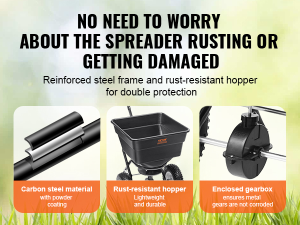 VEVOR broadcast spreader with rust-resistant hopper, reinforced steel frame, and enclosed gearbox.