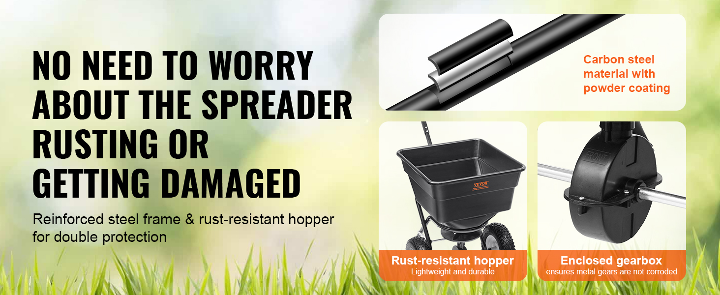 VEVOR broadcast spreader with rust-resistant hopper, reinforced steel frame, and enclosed gearbox.