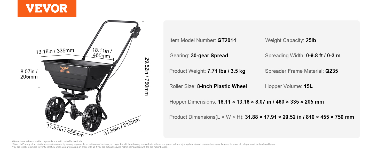 VEVOR broadcast spreader gt2014 with 30-gear spread, 8-inch wheels, and a 25lb weight capacity.