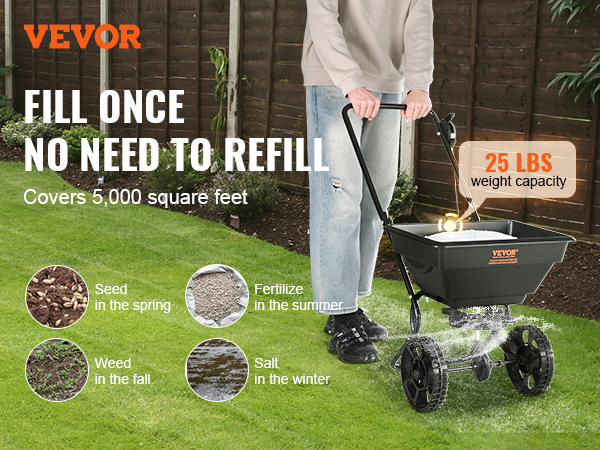 VEVOR broadcast spreader with 15l hopper, 25 lbs capacity, covering 5,000 sq ft, used all year round.