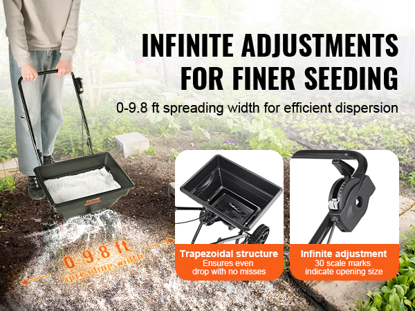 VEVOR broadcast spreader with trapezoidal structure, infinite adjustment, and up to 9.8 ft spreading width.