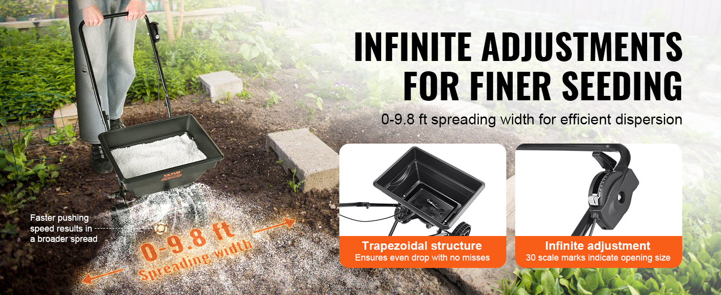 VEVOR broadcast spreader with trapezoidal structure, infinite adjustment, and up to 9.8 ft spreading width.