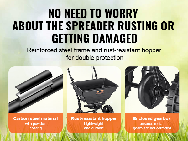 VEVOR broadcast spreader with rust-resistant hopper, carbon steel frame, and enclosed gearbox for durability.