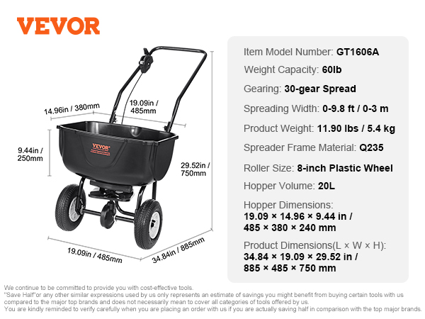 VEVOR broadcast spreader gt1606a, 60lb capacity, 30-gear spread, 8-inch wheels, dimensions: 34.84" x 19.09" x 29.52".