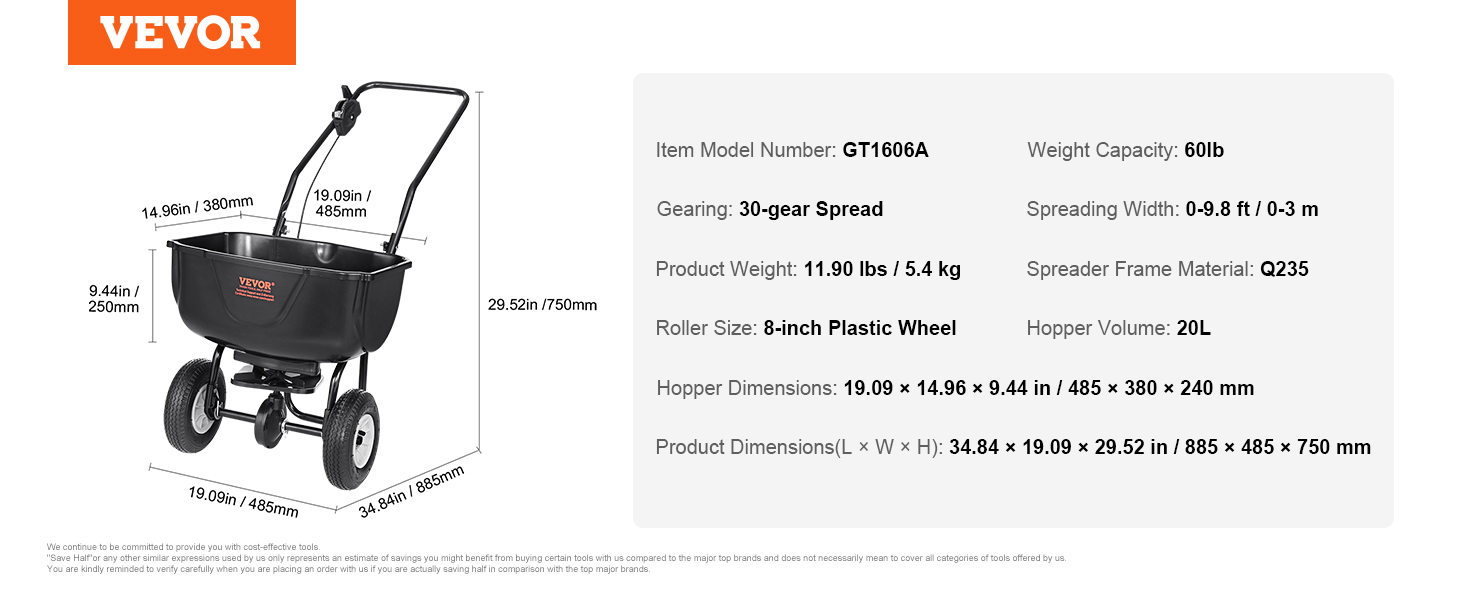 VEVOR broadcast spreader gt1606a, 60lb capacity, 30-gear spread, 8-inch wheels, dimensions: 34.84" x 19.09" x 29.52".