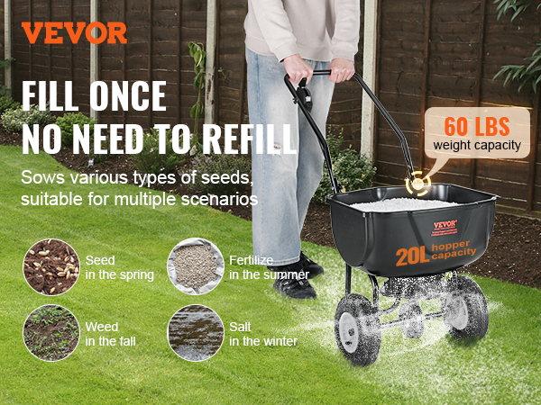 VEVOR broadcast spreader in use, 60 lbs capacity, 20l hopper, sows seeds, fertilizes, and weeds year-round.