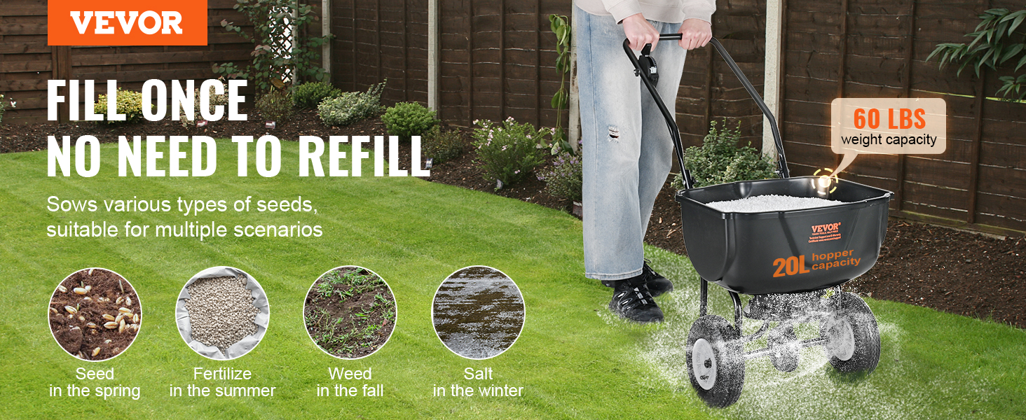 VEVOR broadcast spreader in use, 60 lbs capacity, 20l hopper, sows seeds, fertilizes, and weeds year-round.