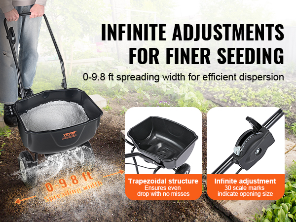 VEVOR broadcast spreader with trapezoidal structure demonstrating 0-9.8 ft spreading width for seeding.