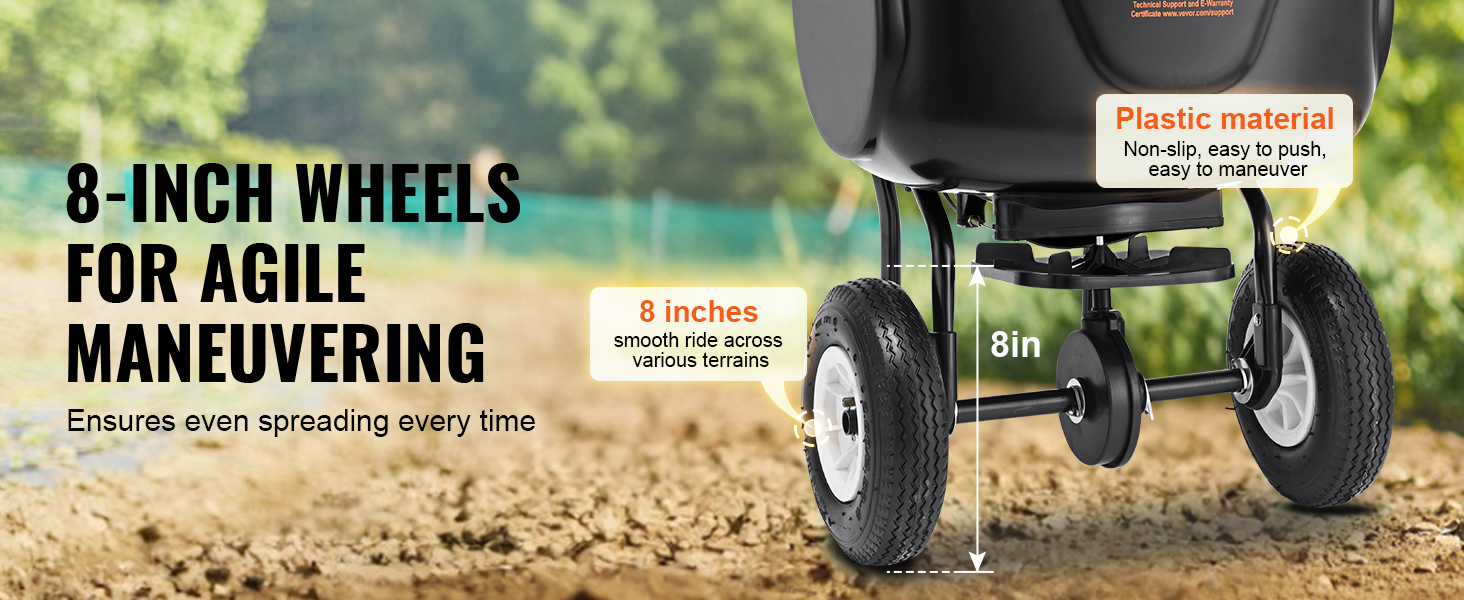 8-inch wheels on VEVOR broadcast spreader for easy maneuvering and smooth ride across various terrains.