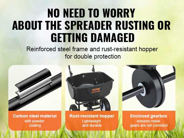 VEVOR broadcast spreader with rust-resistant hopper, carbon steel frame, and enclosed gearbox.