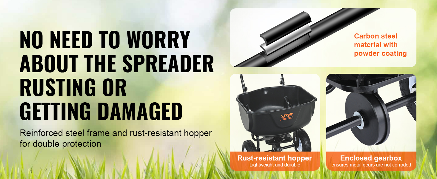 VEVOR broadcast spreader with rust-resistant hopper, carbon steel frame, and enclosed gearbox.