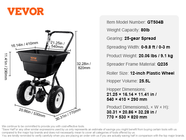 VEVOR broadcast spreader gt504b with 25-gear spread, 80lb capacity, 25.5l hopper, and 12-inch wheels.