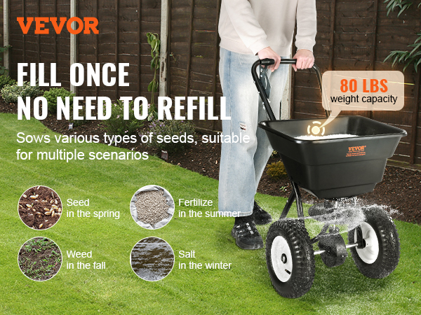 VEVOR broadcast spreader, 25.5l hopper capacity, 80 lbs weight capacity, ideal for all seasons.