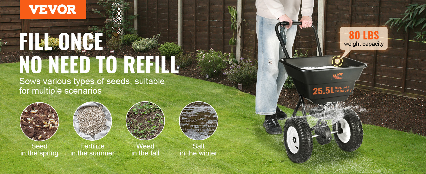 VEVOR broadcast spreader, 25.5l hopper capacity, 80 lbs weight capacity, ideal for all seasons.
