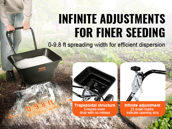 VEVOR broadcast spreader for efficient seeding with 0-9.8 ft spreading width and infinite adjustments.