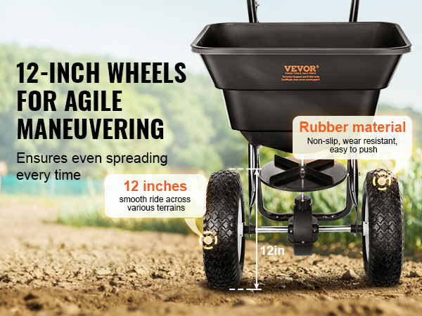 VEVOR broadcast spreader with 12-inch rubber wheels for smooth, even spreading across various terrains.