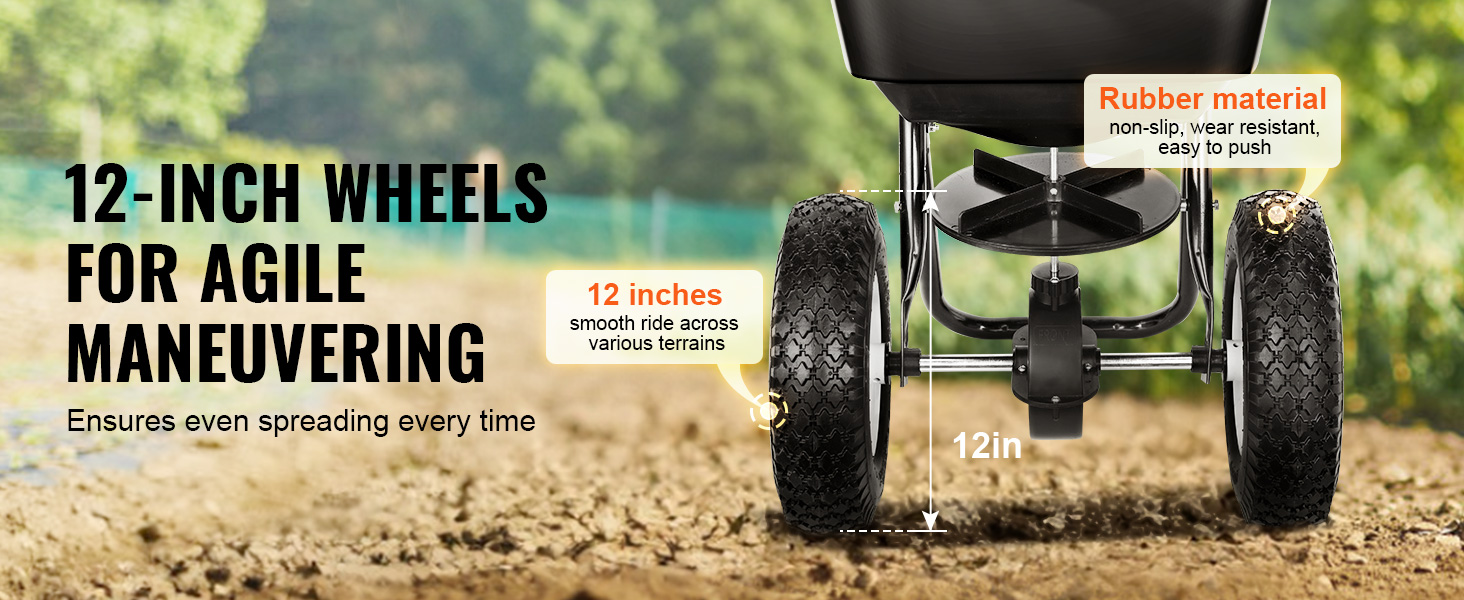 VEVOR broadcast spreader with 12-inch rubber wheels for smooth, even spreading across various terrains.