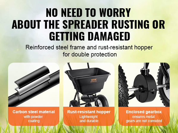 VEVOR broadcast spreader with carbon steel frame, rust-resistant hopper, and enclosed gearbox for durability.