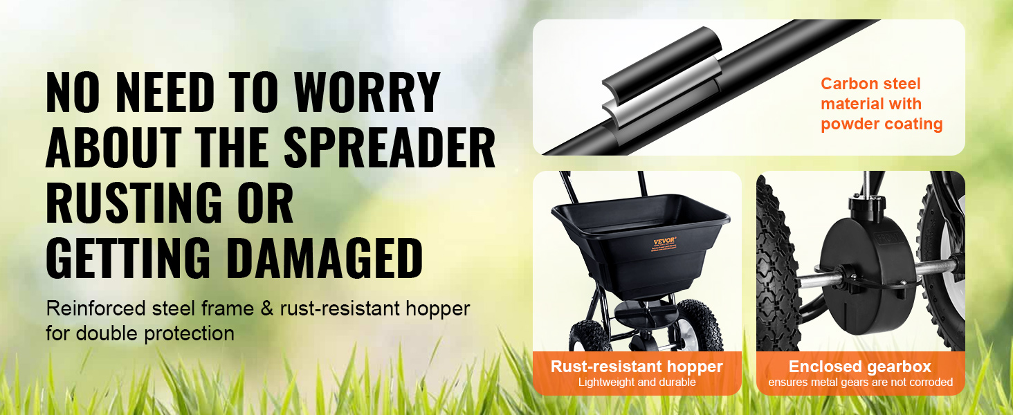 VEVOR broadcast spreader with carbon steel frame, rust-resistant hopper, and enclosed gearbox for durability.