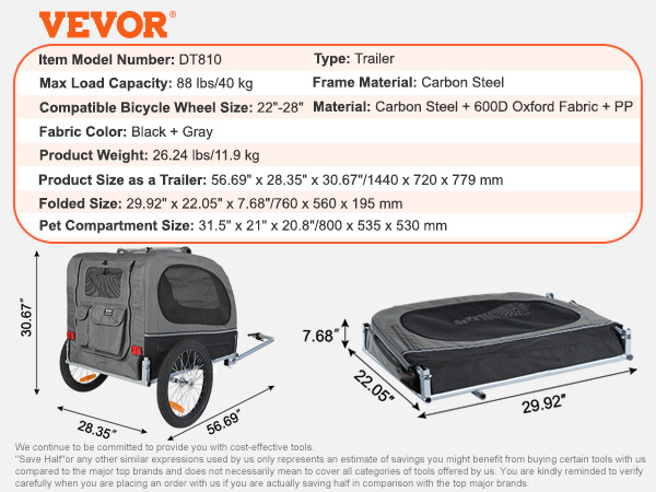 VEVOR dog bike trailer with 88 lbs capacity, black and gray, 56.69"x28.35"x30.67" dimensions.