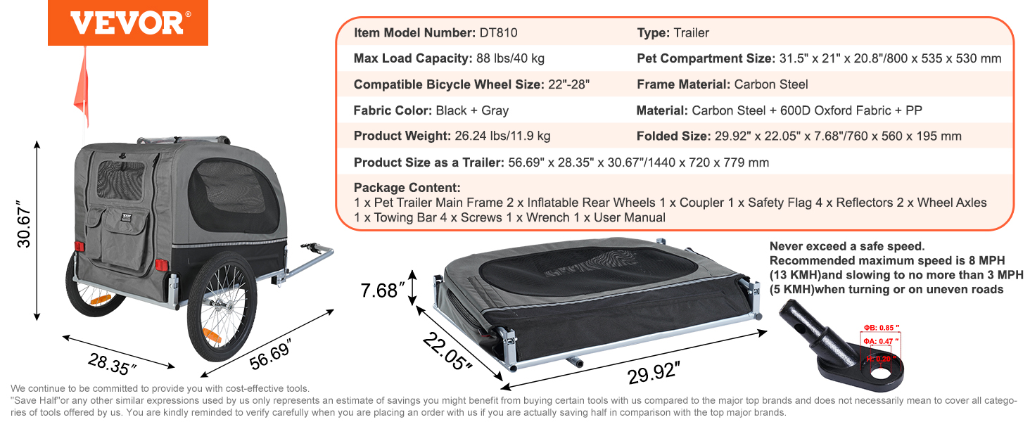 VEVOR dog bike trailer with 88 lbs capacity, black and gray, 56.69"x28.35"x30.67" dimensions.
