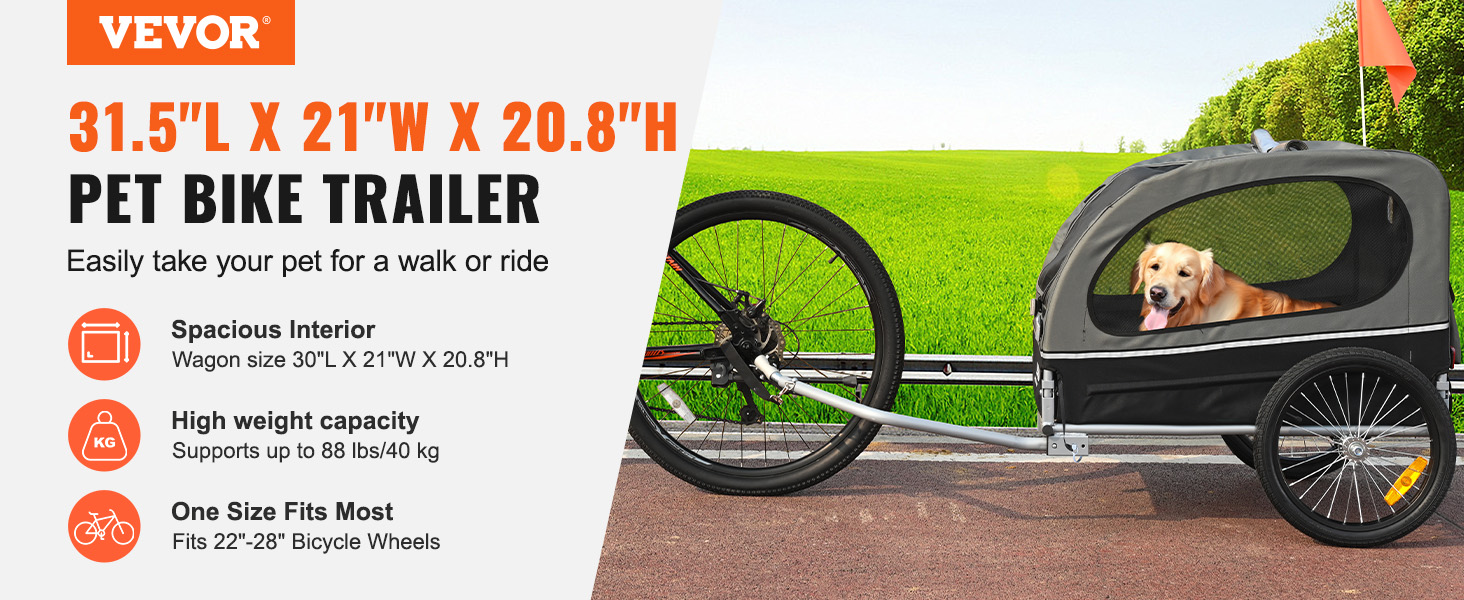 VEVOR dog bike trailer with spacious interior, high weight capacity, and fits 22"-28" bicycle wheels.