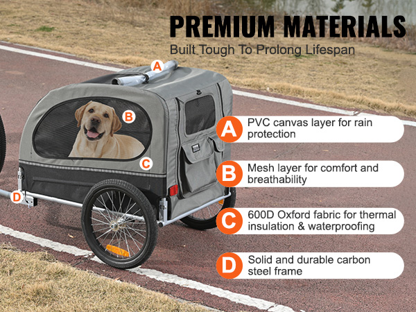 VEVOR dog bike trailer with pvc canvas, breathable mesh, oxford fabric, and carbon steel frame.
