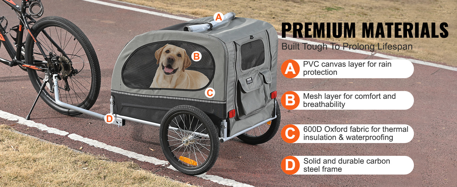 VEVOR dog bike trailer with pvc canvas, breathable mesh, oxford fabric, and carbon steel frame.
