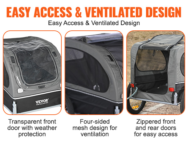 VEVOR dog bike trailer with zippered doors, transparent front, and mesh design for ventilation.