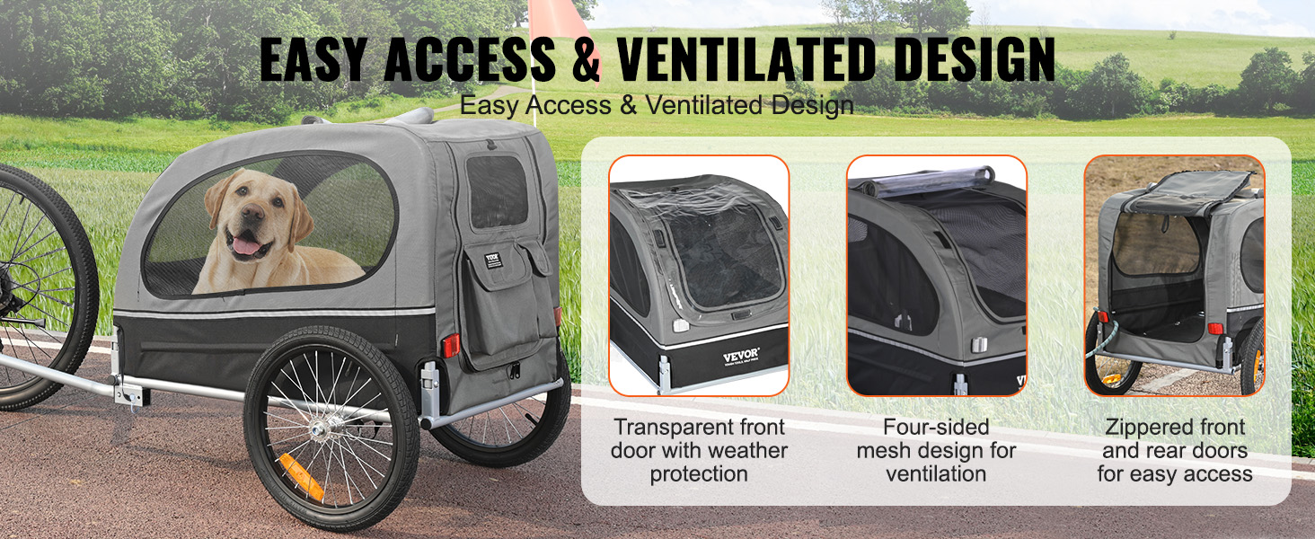 VEVOR dog bike trailer with zippered doors, transparent front, and mesh design for ventilation.