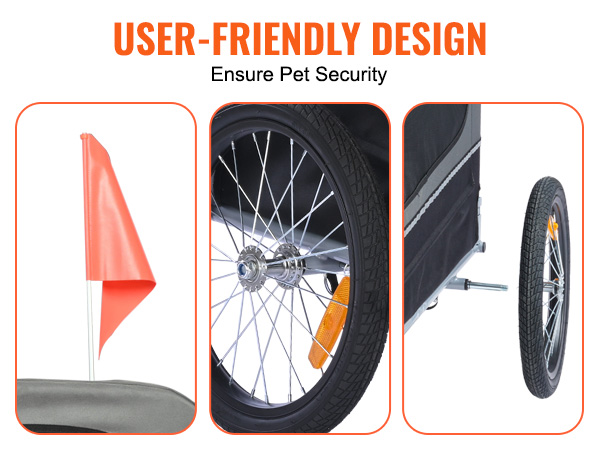 VEVOR dog bike trailer with safety flag, wheel reflector, and detachable wheels for pet security.