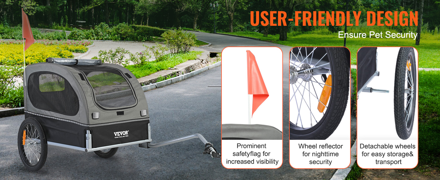 VEVOR dog bike trailer with safety flag, wheel reflector, and detachable wheels for pet security.