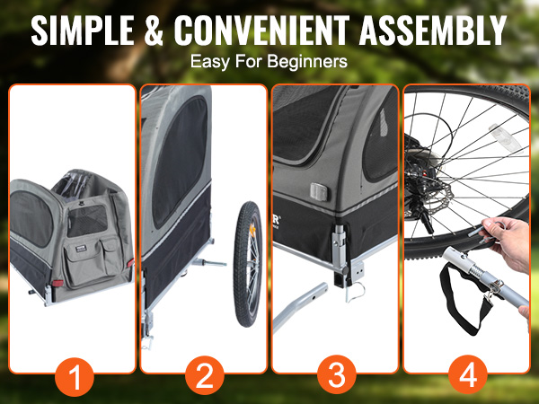 step-by-step assembly of the VEVOR dog bike trailer with images showing frame, wheels, flag, and bike connection.