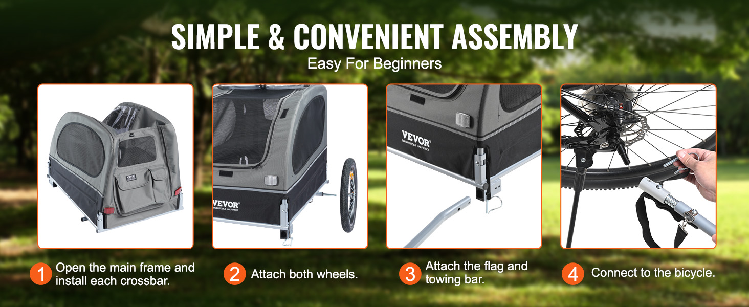 step-by-step assembly of the VEVOR dog bike trailer with images showing frame, wheels, flag, and bike connection.