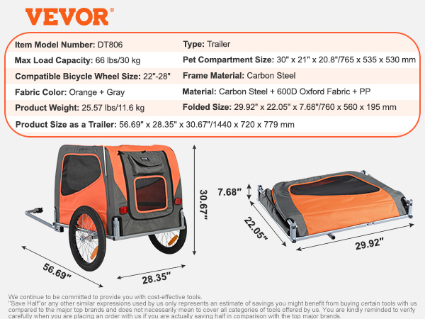 VEVOR dog bike trailer specifications, orange and gray with metal frame, 30" x 21" pet compartment.