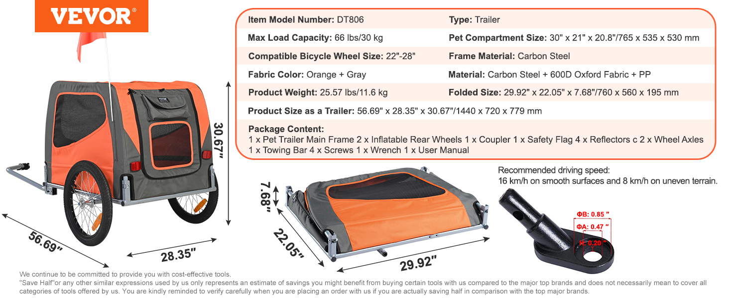 VEVOR dog bike trailer specifications, orange and gray with metal frame, 30" x 21" pet compartment.