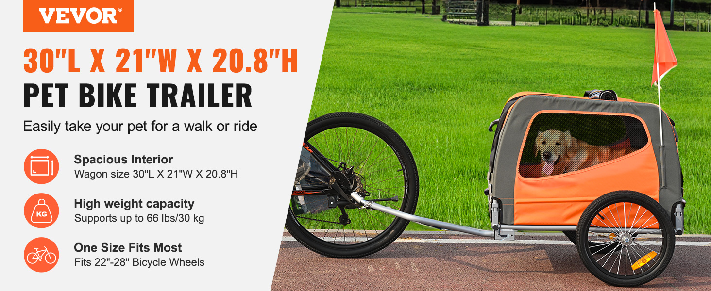 VEVOR dog bike trailer with spacious interior and high weight capacity for pets, fits 22"-28" wheels.