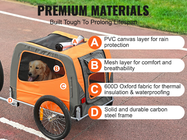 VEVOR dog bike trailer with rain protection, breathable mesh, thermal insulation, and steel frame.
