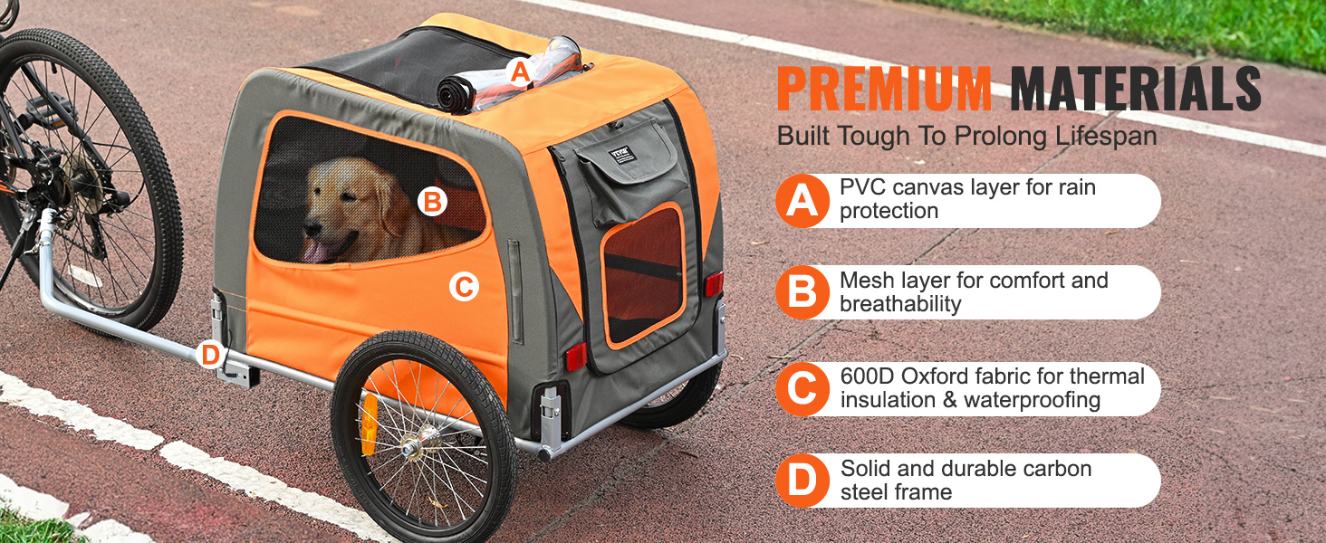 VEVOR dog bike trailer with rain protection, breathable mesh, thermal insulation, and steel frame.
