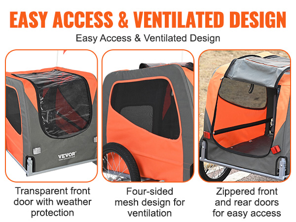 VEVOR dog bike trailer with mesh sides, zippered doors, and weather-protected front door.