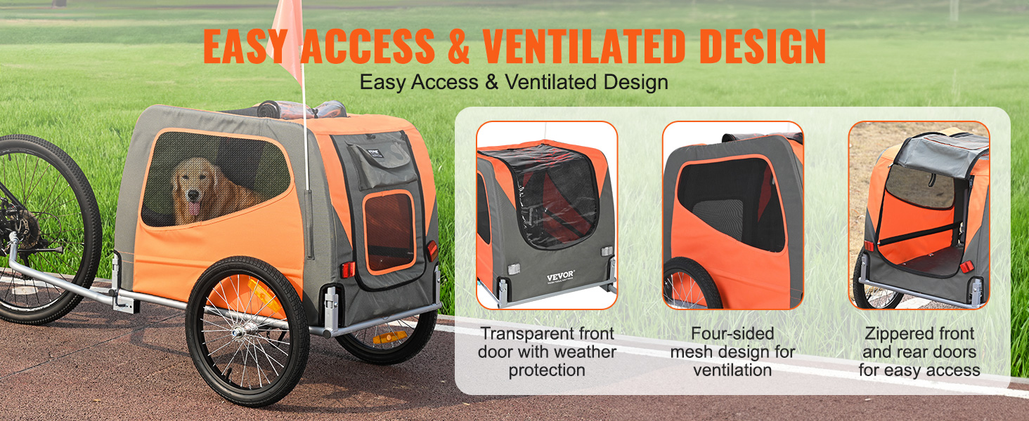 VEVOR dog bike trailer with mesh sides, zippered doors, and weather-protected front door.