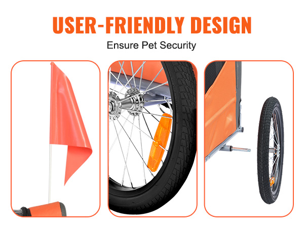 VEVOR dog bike trailer with safety flag, wheel reflector, and detachable wheels for pet security.