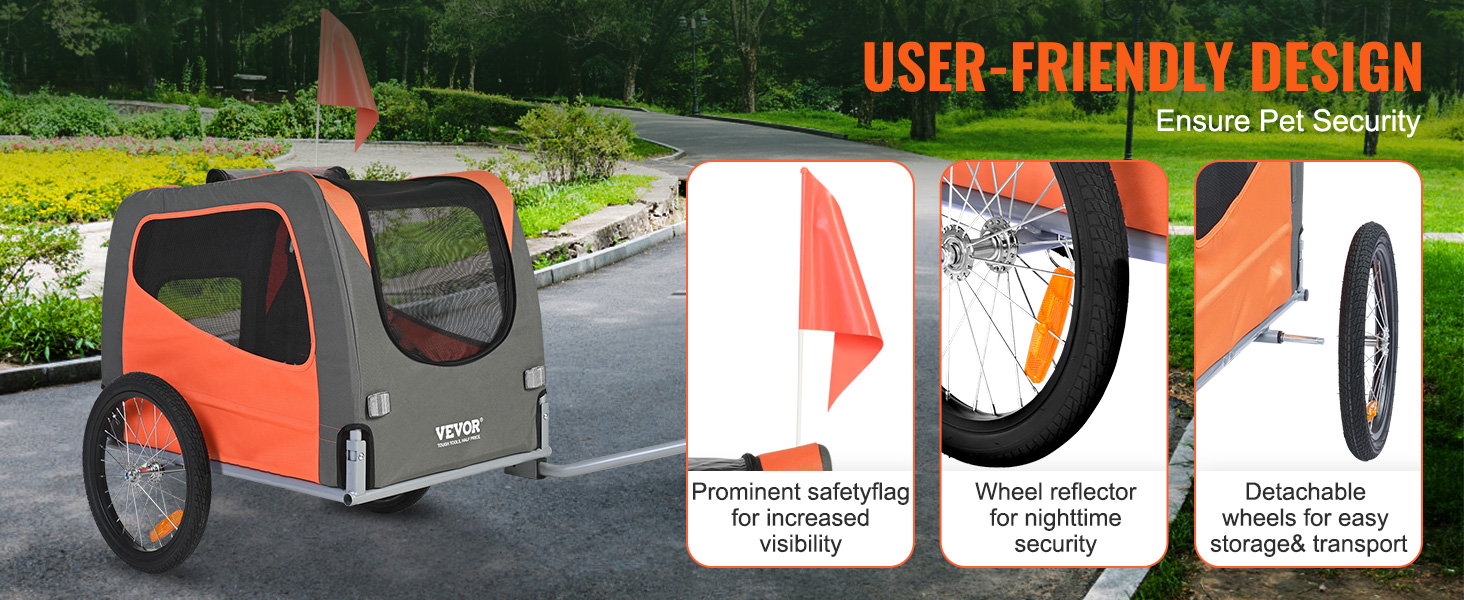 VEVOR dog bike trailer with safety flag, wheel reflector, and detachable wheels for pet security.