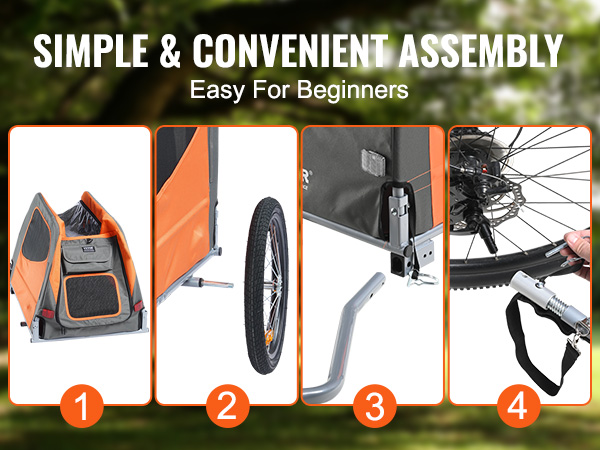 simple assembly steps for VEVOR dog bike trailer: open frame, attach wheels, connect flag, and hook to bike.