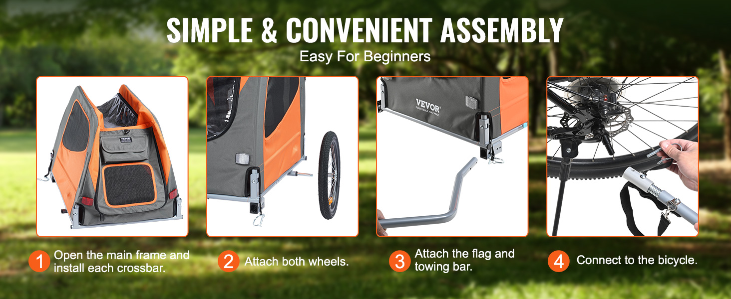 simple assembly steps for VEVOR dog bike trailer: open frame, attach wheels, connect flag, and hook to bike.