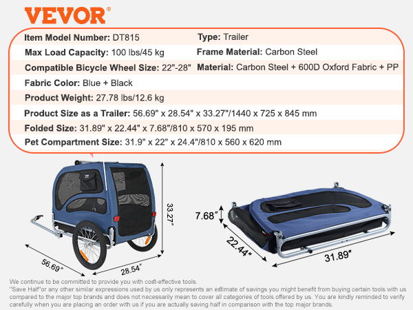 VEVOR dog bike trailer with safety flag and dual inflatable wheels, blue and black, foldable for storage.