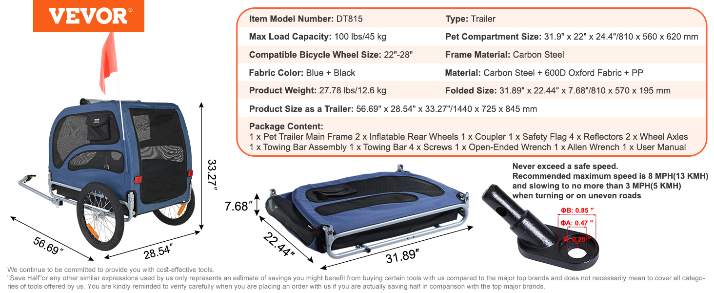 VEVOR dog bike trailer with safety flag and dual inflatable wheels, blue and black, foldable for storage.
